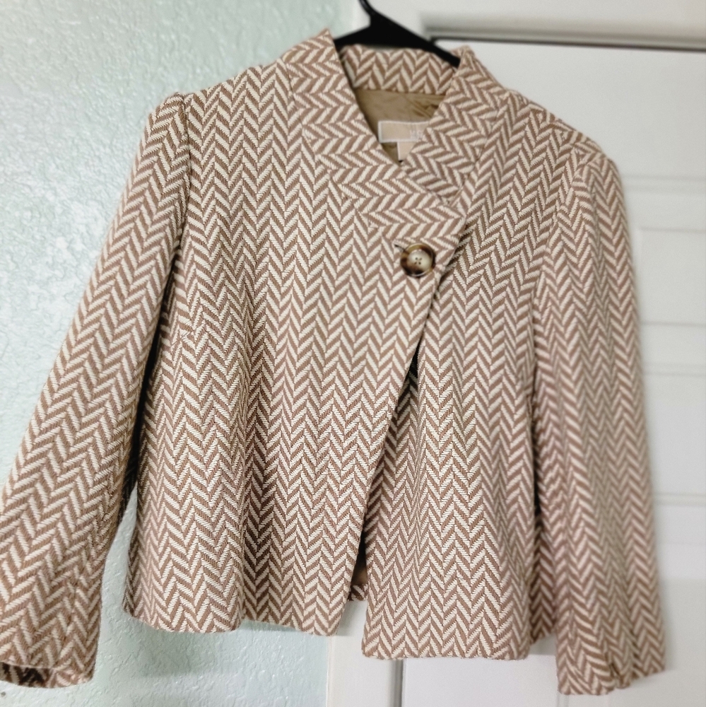 Office Siren Michael Kors Size 6 Beige And Cream Herringbone Mock Neck Blazer